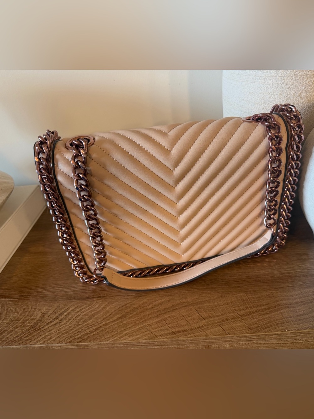Aldo Quilted Chevron Shoulder Bag in Light Pink with Rose Gold Chain